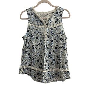 Lucky Brand Sleeveless Tank Top Floral Print Crochet Trim Blue White Women's S/M